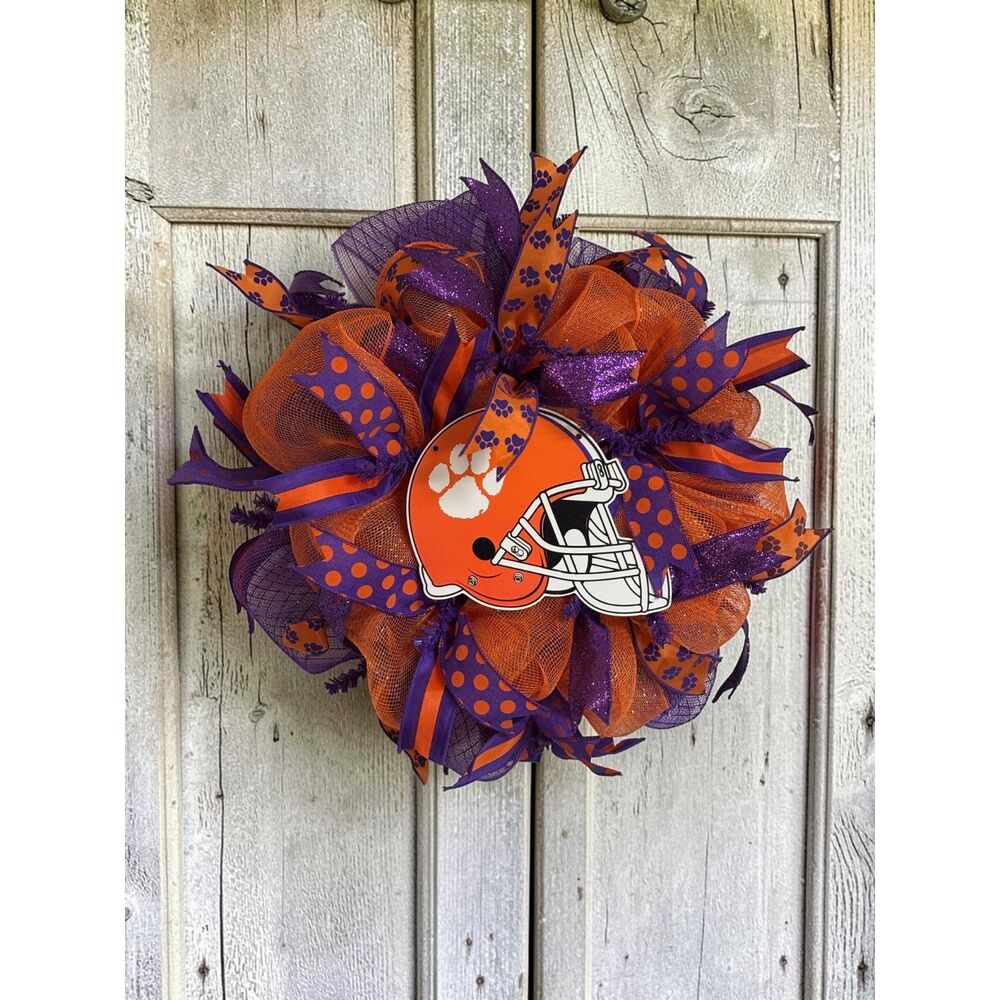Clemson Tiger Front Door Wreath • 20x20 • Wooden Helmet • Orange & Purple